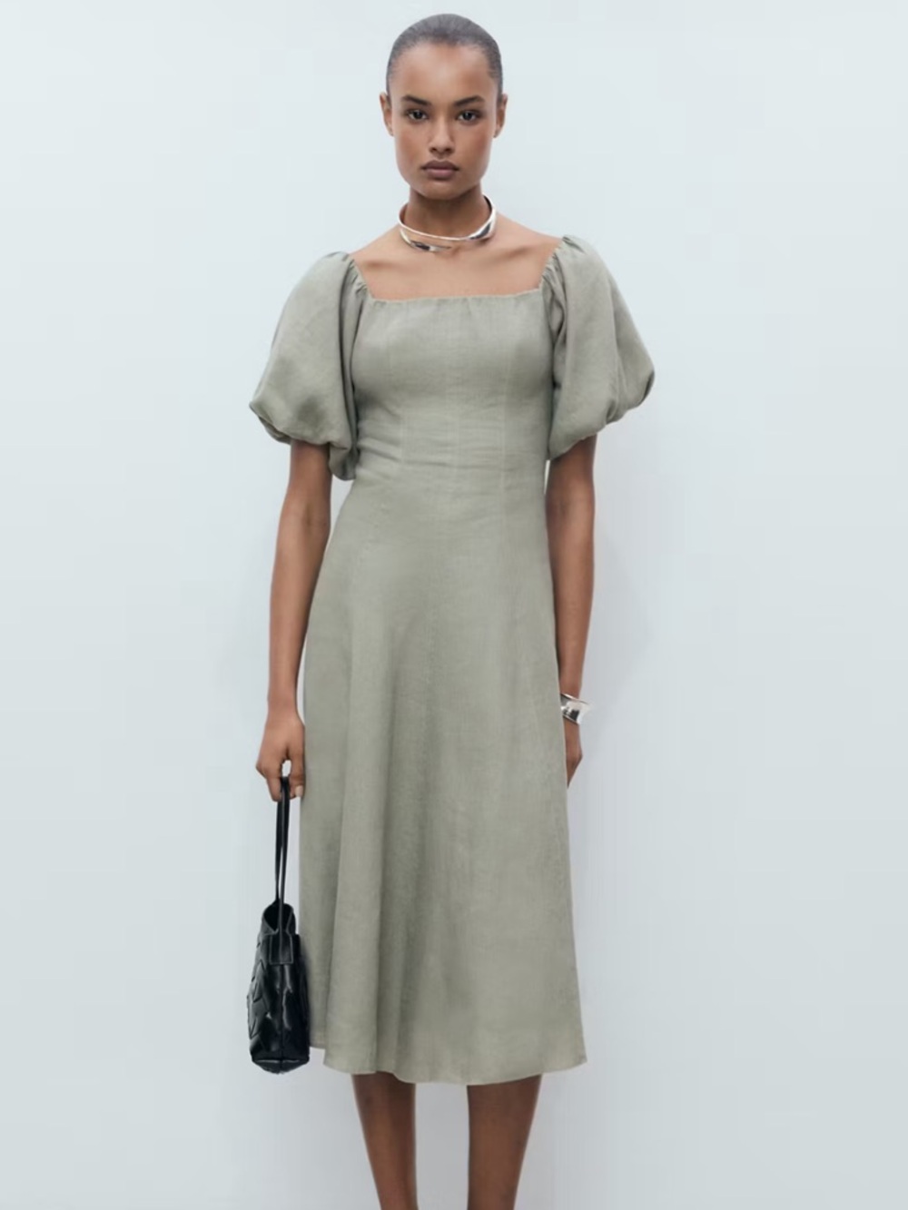 Mango Puff Sleeve Linen Dress